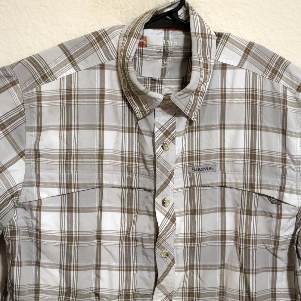 Simms Shirt Mens Medium Long Sleeve Button Fishing Guide Gray White Striped